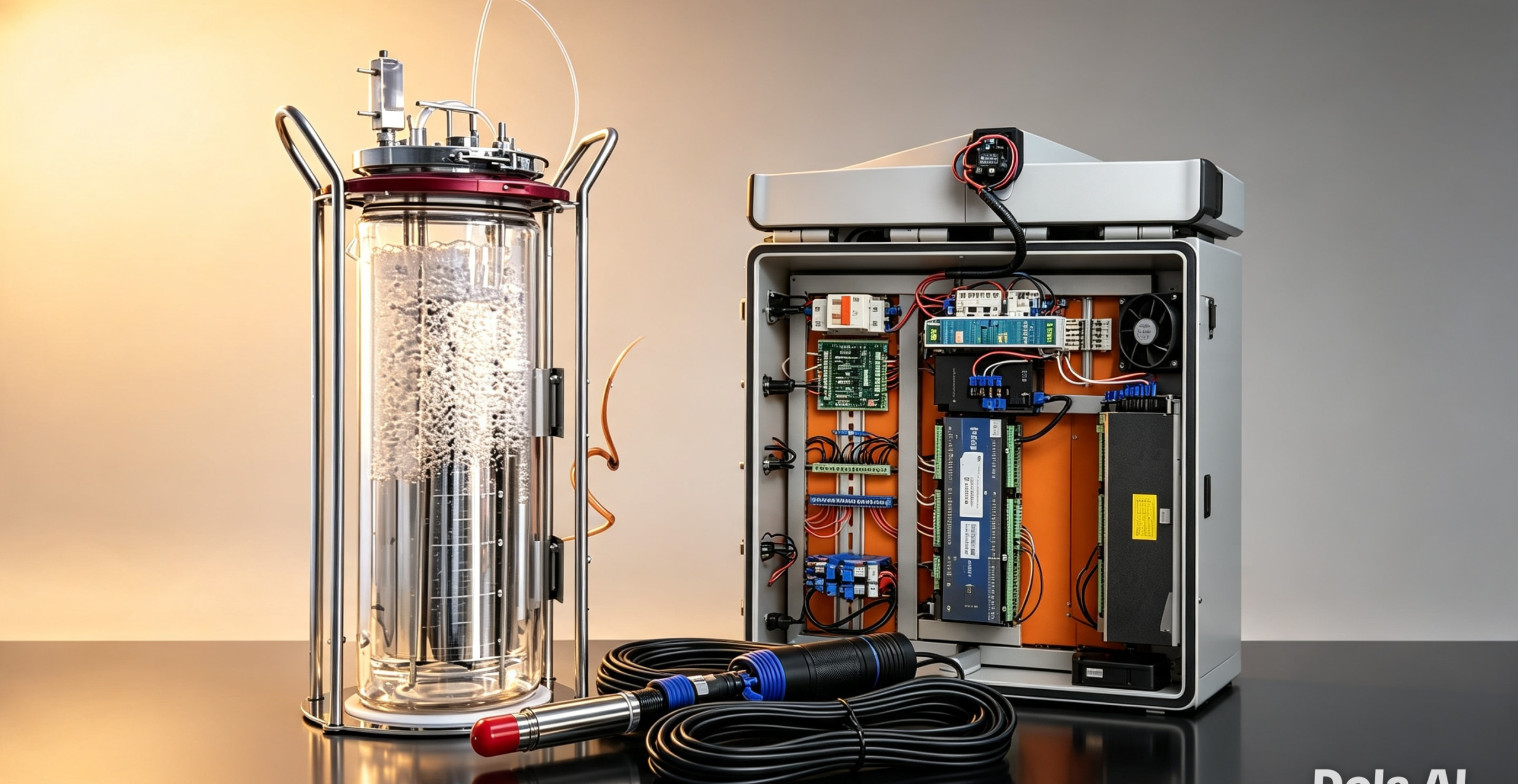 The complete AquaSense AI proof-of-concept system: bioreactor, sensor probe, and IoT control cabinet together