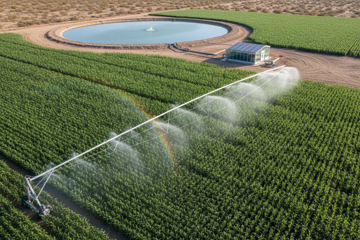 An aerial view shows a center pivot irrigation system watering a large green cornfield next to a circular reservoir and a solar-powered pump house.