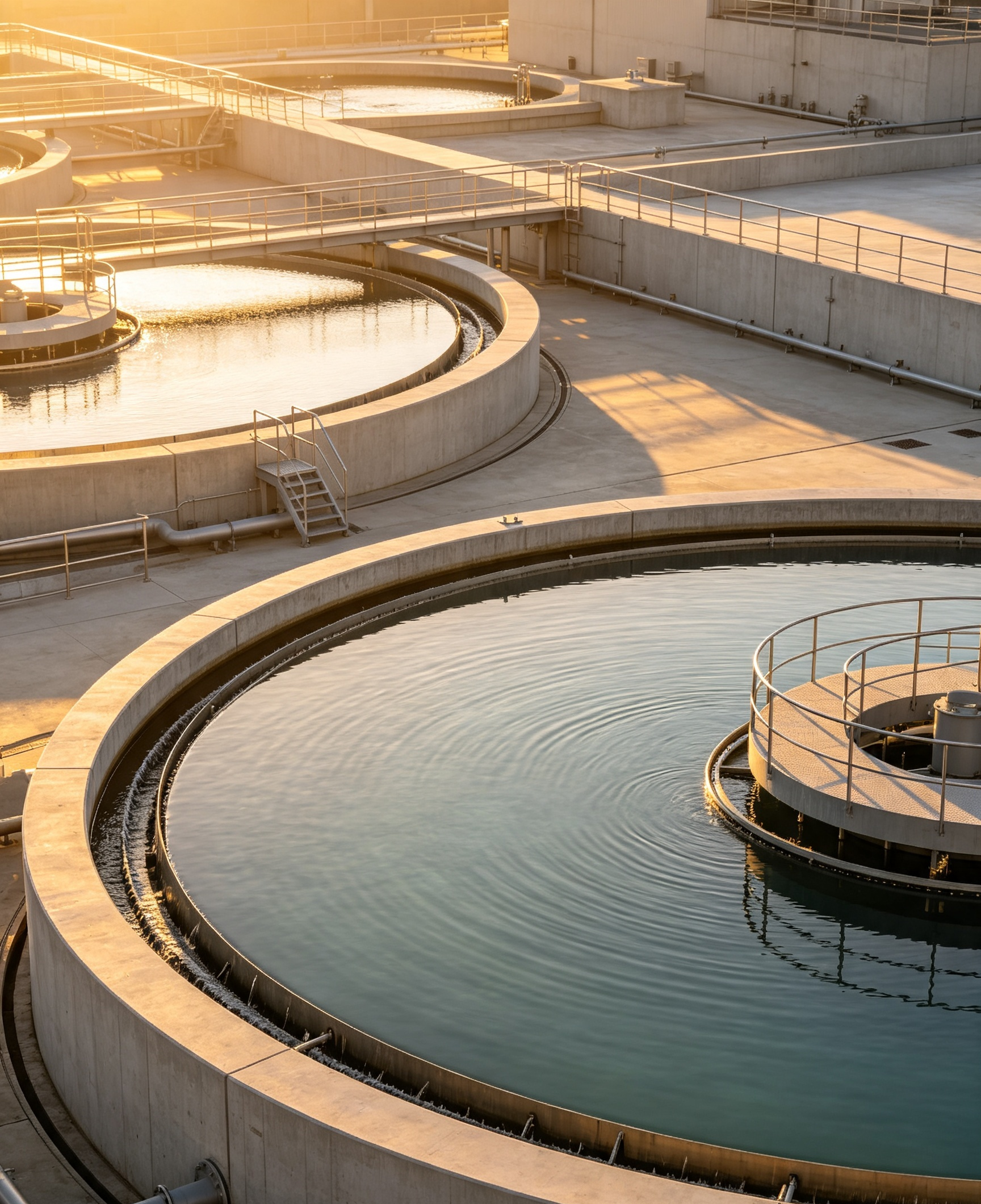Circular clarifier tanks at a water treatment facility, seen from above at golden hour